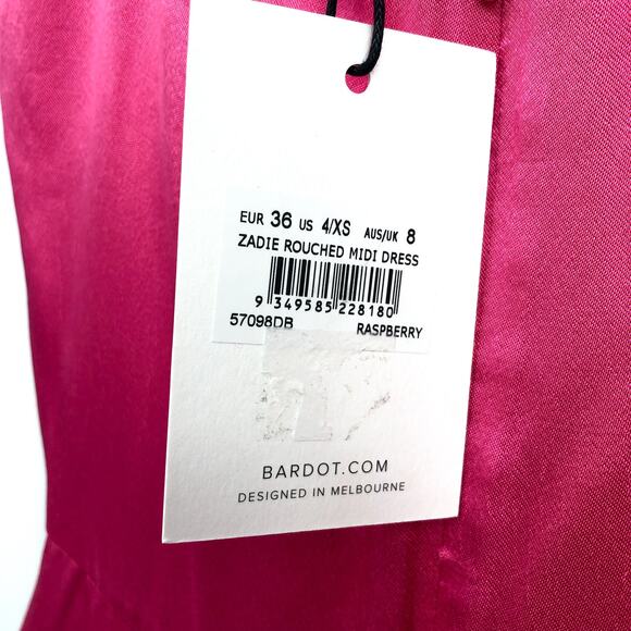 BARDOT Women's Zadie Midi Dress XS US 4 Raspberry Pink Satin Ruched NWT - Picture 15 of 16